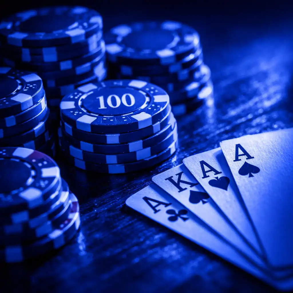 Nahaufnahme von Pokertischen, Chips und Karten in dramatischem Licht