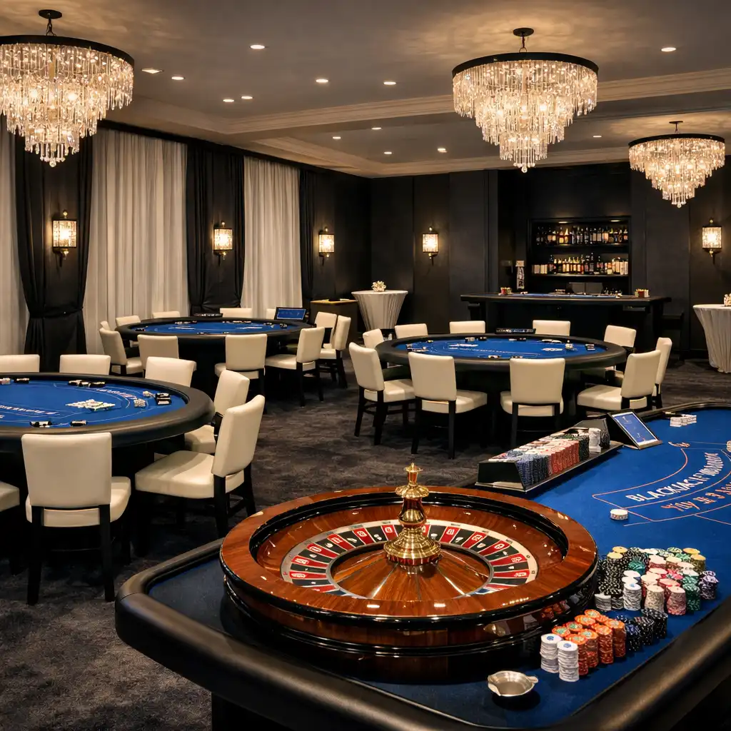 Professionell eingerichteter Casino-Eventbereich mit Pokertischen, Roulette und Blackjack