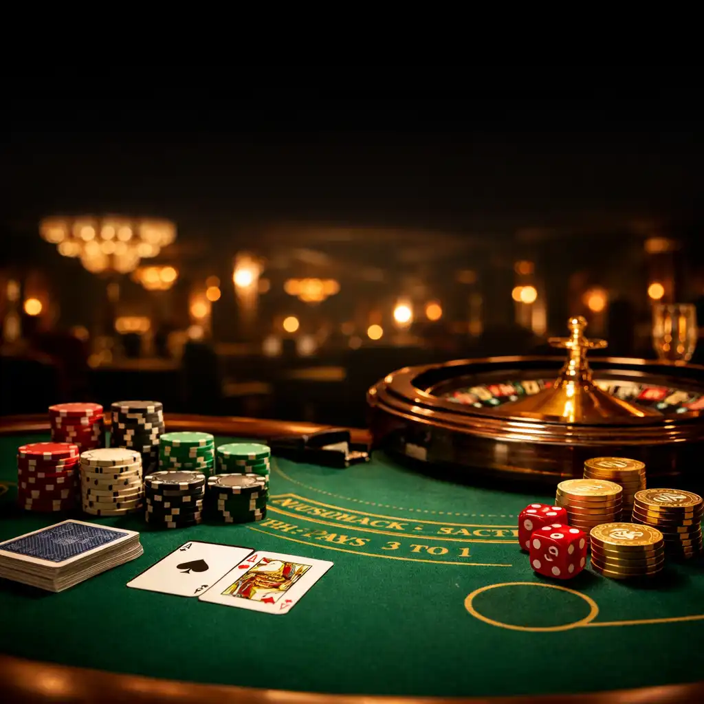 Luxuriöser Casinotisch mit Chips, Karten und Roulette-Rad in stimmungsvollem Licht