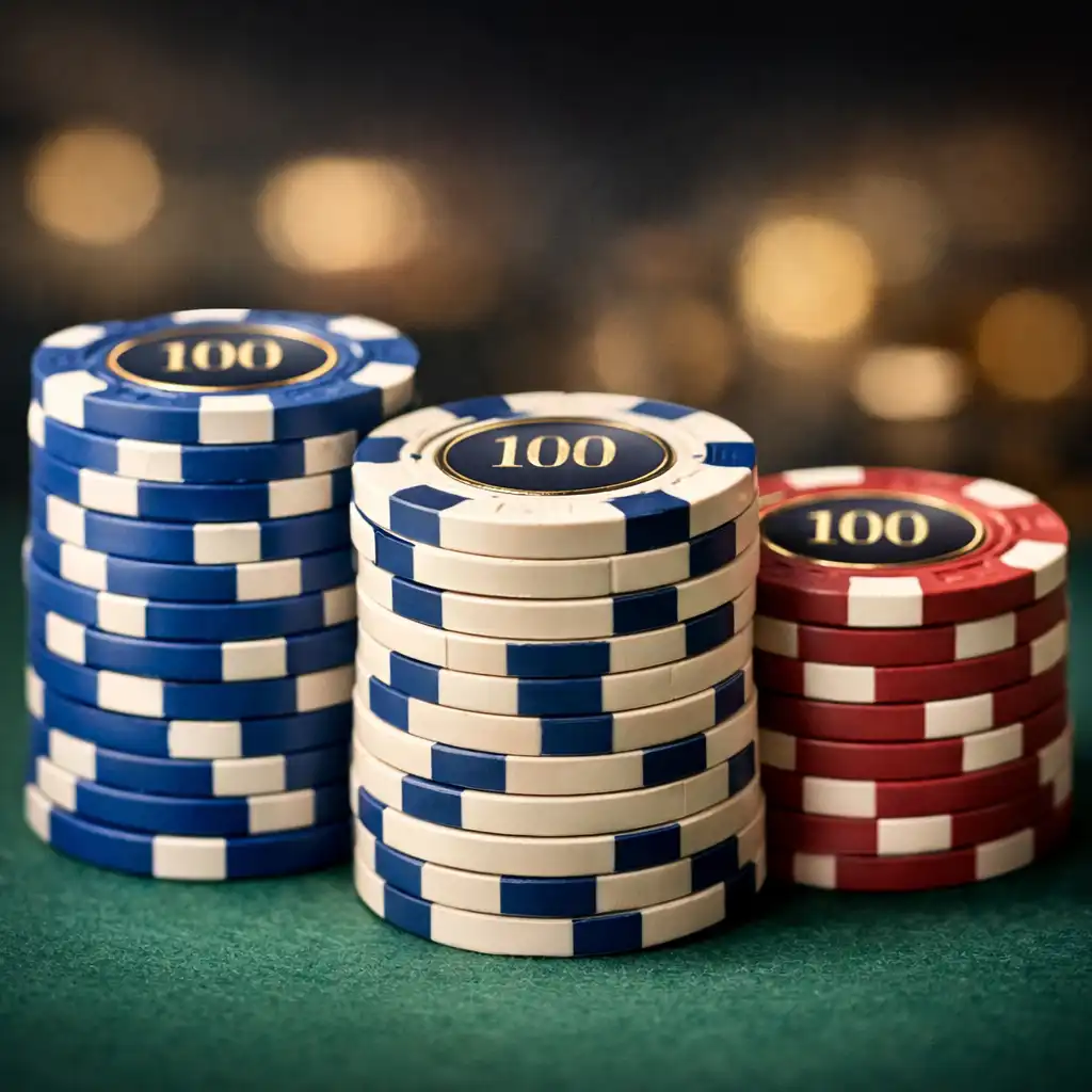 Nahaufnahme hochwertiger Pokerchips in Cobalt, Elfenbein und Rot auf einem Pokertisch