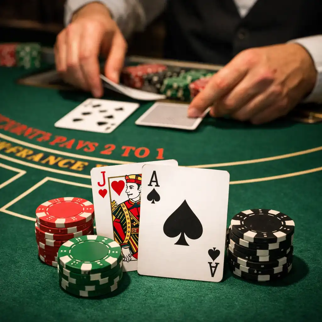 Blackjack-Tisch mit ausgeteilten Karten und Chips, die Hand des Dealers ist sichtbar