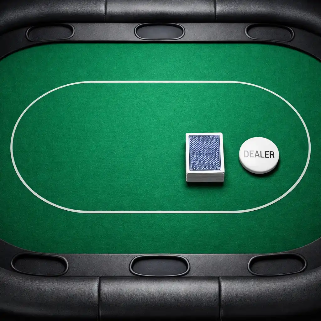Professioneller Pokertisch aus der Vogelperspektive mit Karten und Dealer-Button