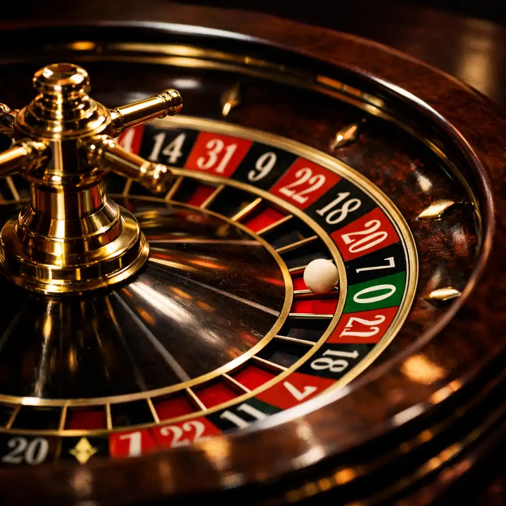 Nahaufnahme eines Roulette-Rads in Bewegung mit Kugel auf dunklem Holztisch