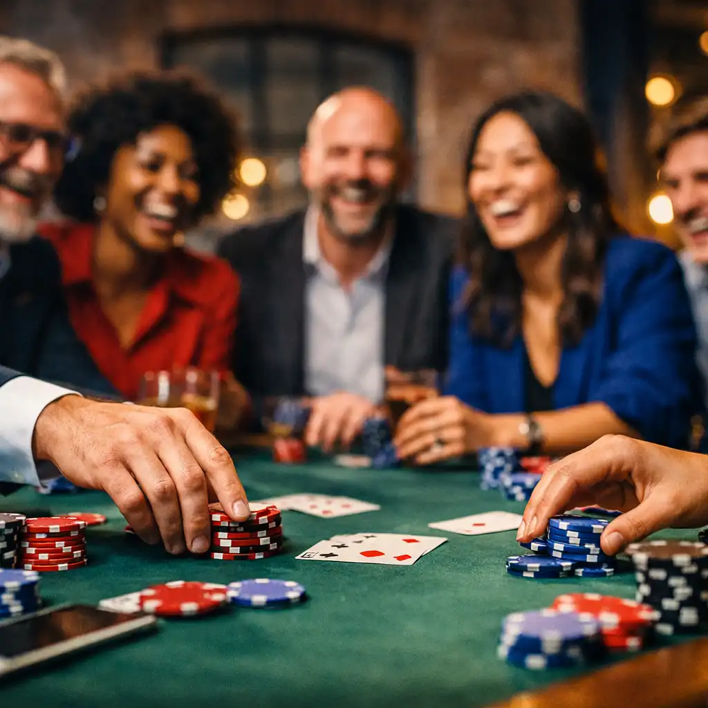 Team genießt ein Casino-Teambuilding-Event an einem Pokertisch