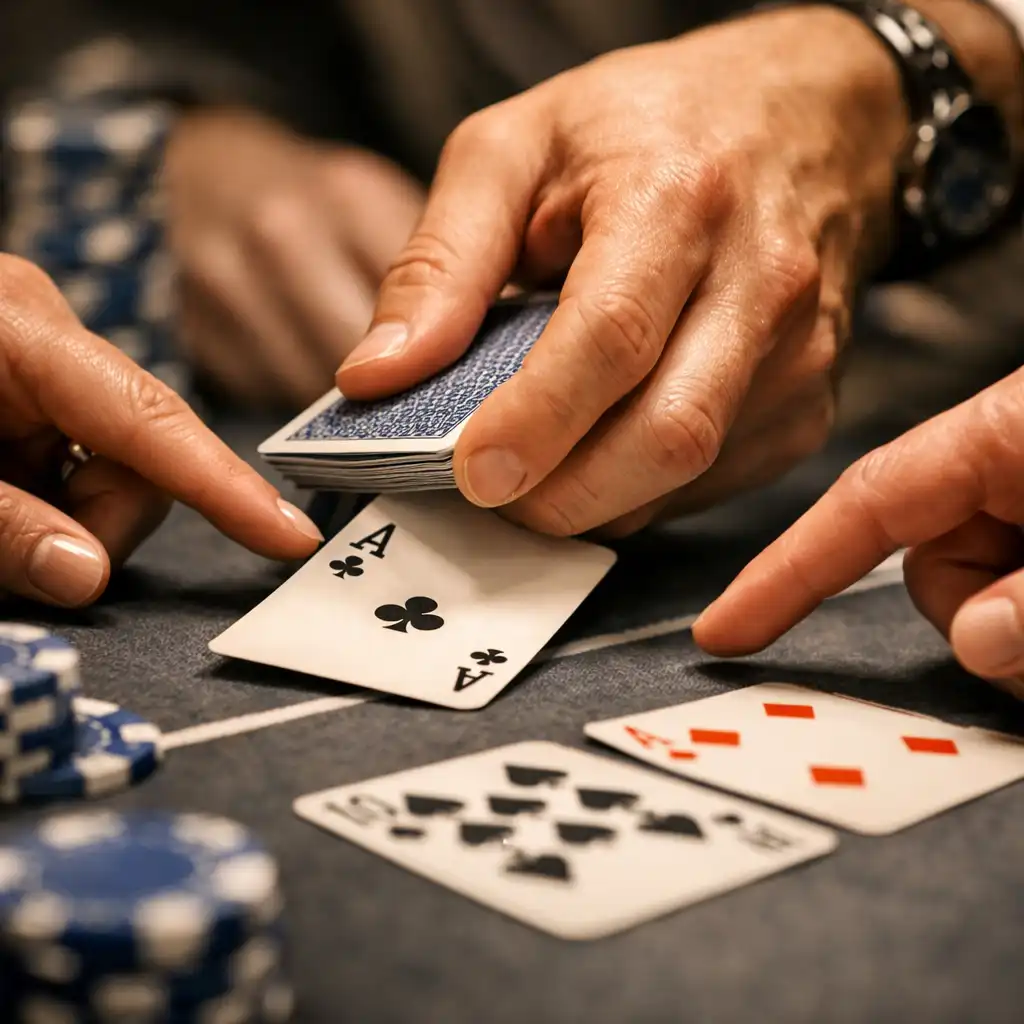 Hände eines Teams, die über einem Pokertisch zusammenarbeiten und Strategien besprechen